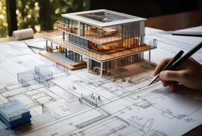 architect design working drawing sketch plans blueprints and making architectural construction model in architect studio